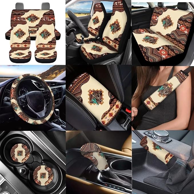 Dreaweet Aztec Car Seat Covers Full Set Southwestern Native American Steering Wheel Cover Armrest Pad Covers Seat Belt Pads Cup Holders Handbrake Cover,Universal Fit for Most Cars SUV Trucks Sedan