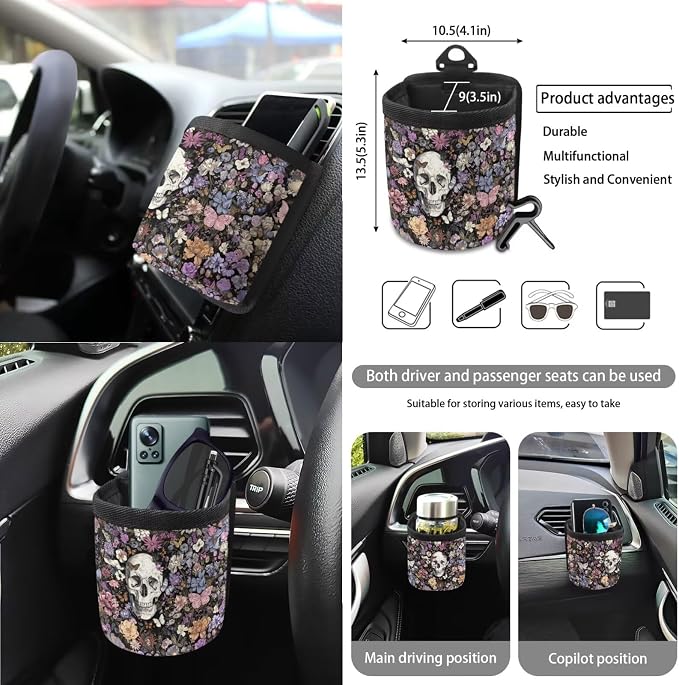 Skull Boho Floral Car Seat Cover Sets Steering Wheel Cover Seat Belt Cover Trash Bin Air Vent Storage Box Front Rear View Mirror Cup Holder Keychain 15Pcs Car Accessories