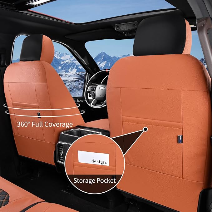 Truckiipa Ford F150 Seat Covers Full Set, Waterproof Automotive Custom Seat Covers for 2015-2026 Ford F150 SuperCrew, 2017-2026 F250 F350 F450 Super Duty Crew Cab, Full Set, Brown&Black