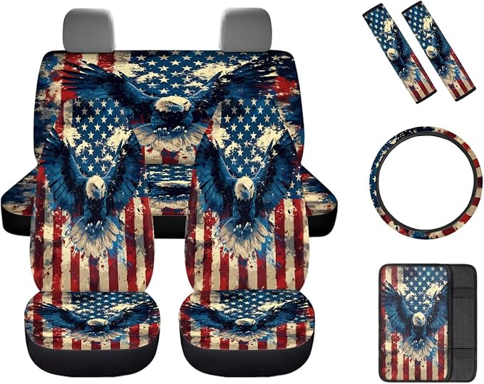 8 Pcs American Flag with Eagle Theme Car Accessories Set, Car Seat Covers Full Set with Auto Steering Wheel Cover Center Console Pad Seat Belt Covers, Patriotic Decorations