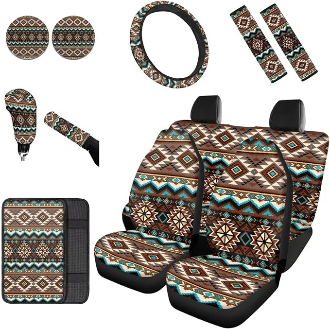 Dreaweet South Western Aztec Car Seat Covers Full Set with Steering Wheel Cover Armrest Covers Seat Belt Pads Cup Holders Gear Shift Cover Handbrake Cover,12 Pcs,Universal Car Accessories Decor