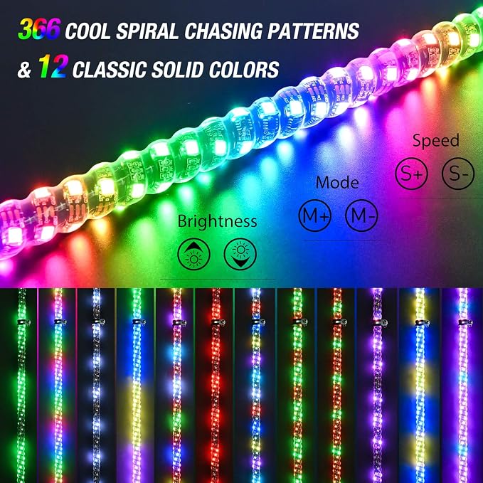 Nilight - TL-27 2PCS 4FT Spiral RGB Led Whip Light with Spring Base Chasing Light RF Remote Control Lighted Antenna Whips for Can am ATV UTV RZR Polaris Dune Buggy Offroad Truck