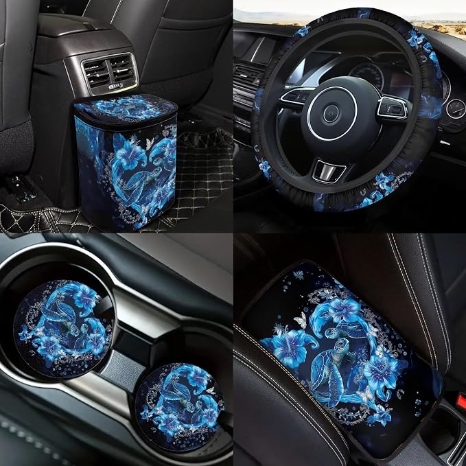 Ocean Turtle Car Seat Covers Full Set of 18 Universal Car Interior Accessories Full Set Blue Sea Turtle Car Headrest Covers Seat Auto Seat Belt Pads Cover Car Trash Can,Easy to Install