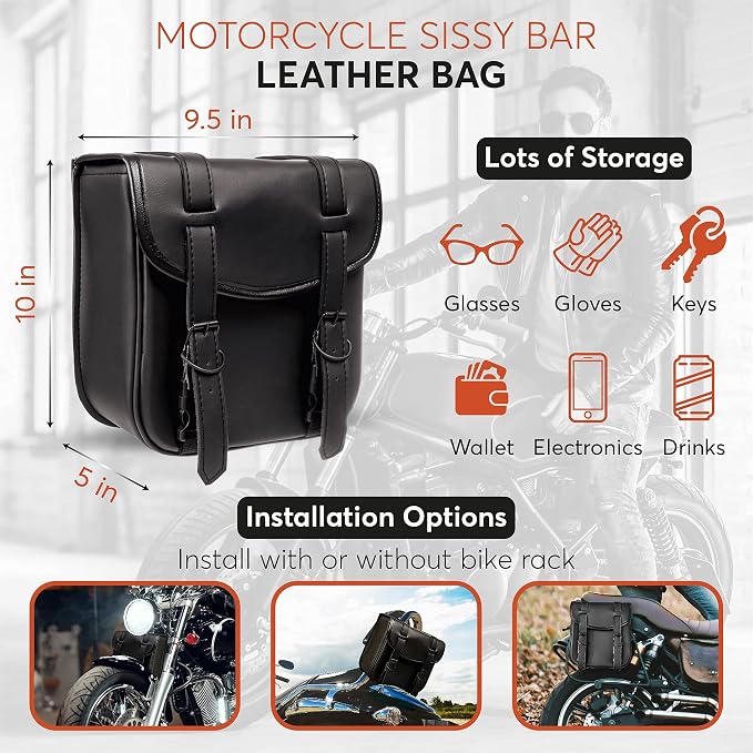 Motorcycle Sissy Bar Black Synthetic Leather Bag 3 Point Heavy Duty Mounts with Quick Release Front Buckles, Universal Fit for Sissy Bars or Forks