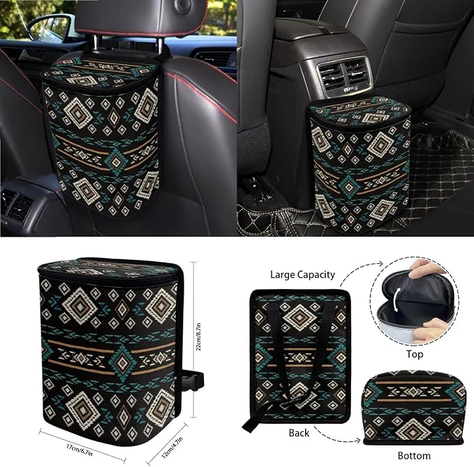 Wanyint Car Seat Cover Set 15 Pack with Steering Wheel Seat Belt Strap Rearview Mirror Cover Garbage Cans Air Vent Pouch Coasters Keychain Auto Decor, Southwest Aztec Black Blue
