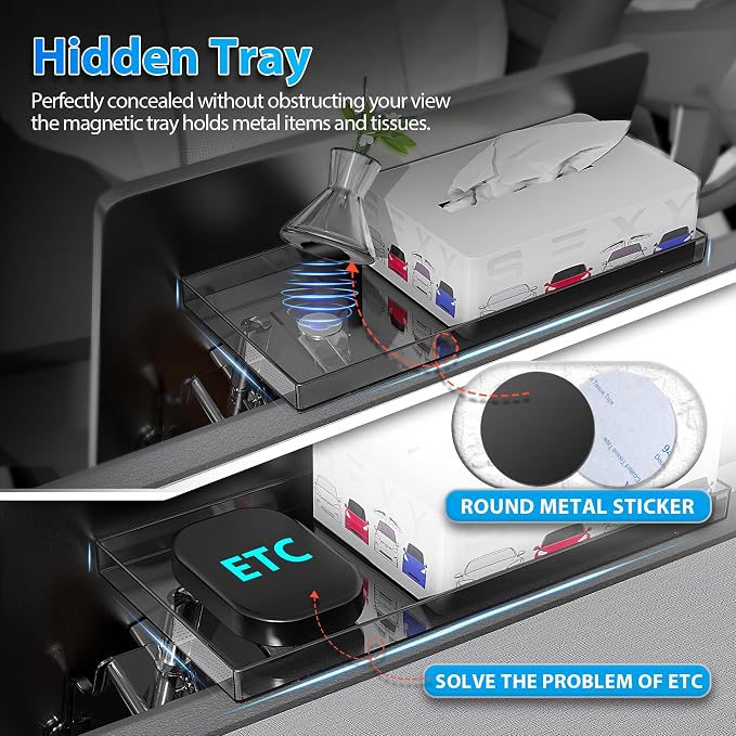 for Tesla Under Screen Storage, Open and Close Hideable Center Console Organizer Tray with Anti-Slip Silicone Pad, for Tesla Model 3 Highland 2023-2024 2025, Model Y 2024-2025