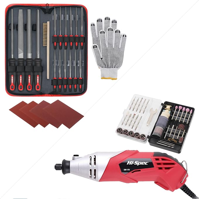 Hi-Spec 17 Piece Metal Hand & Needle File Tool Kit Set and Rotary Tool Kit Set 170W 1.4A with 121 Piece Dremel Compatible Bit Accessories