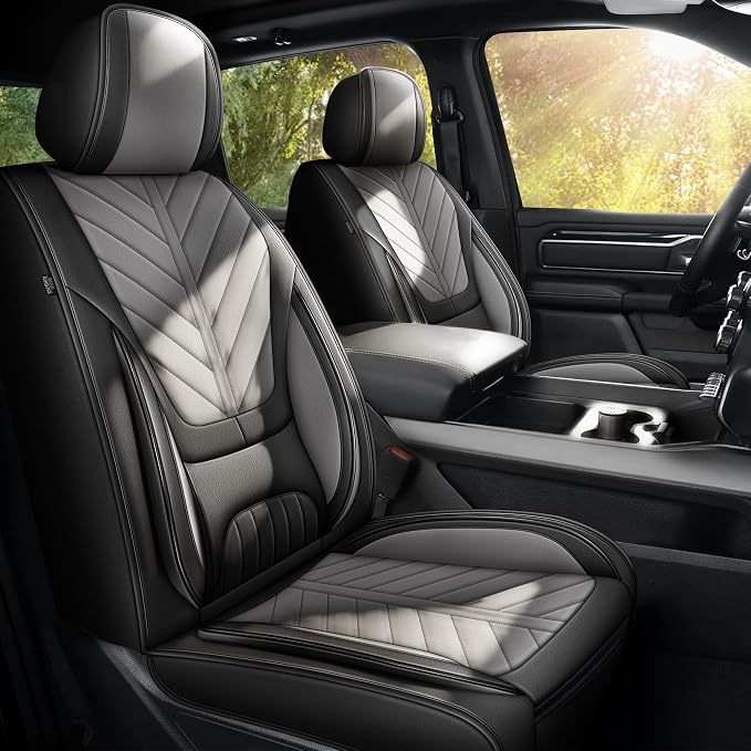 for Dodge RAM 1500 2500 3500 2012-2026 Full Set Seat Covers | Custom Fit Faux Leather Breathable Cooling Truck Bighorn Laramie Tradesman Crew Cab, Seat Protectors(5 Seats, Black & Grey)