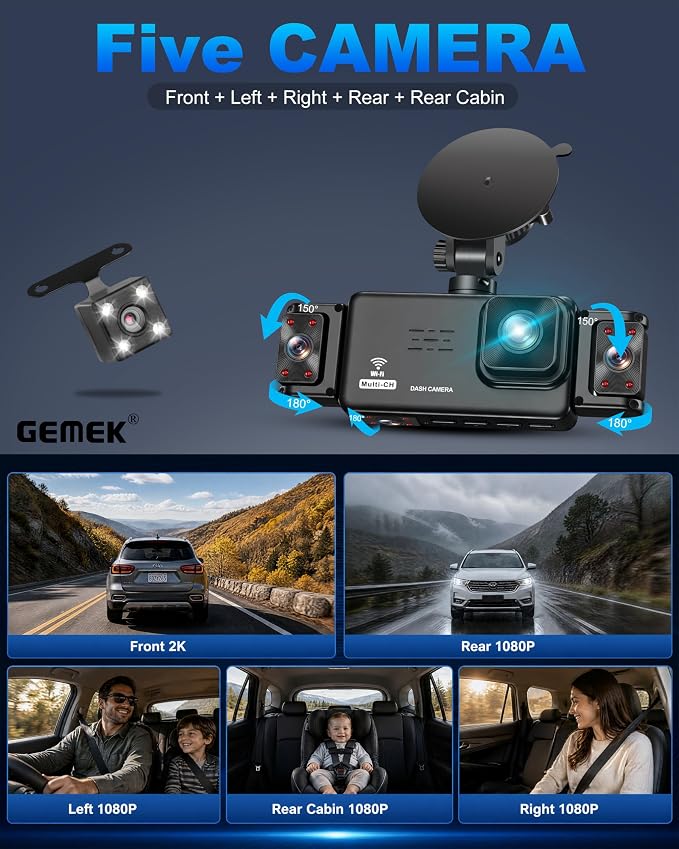 5 Channel Dash Cam 360° View 5G WiFi & APP Control, GEMEK 2K Front and Rear Inside, Left Right Dash Camera for Cars Free 64GB TF Card, G-Sensor, Night Vision, 24H Parking Mode