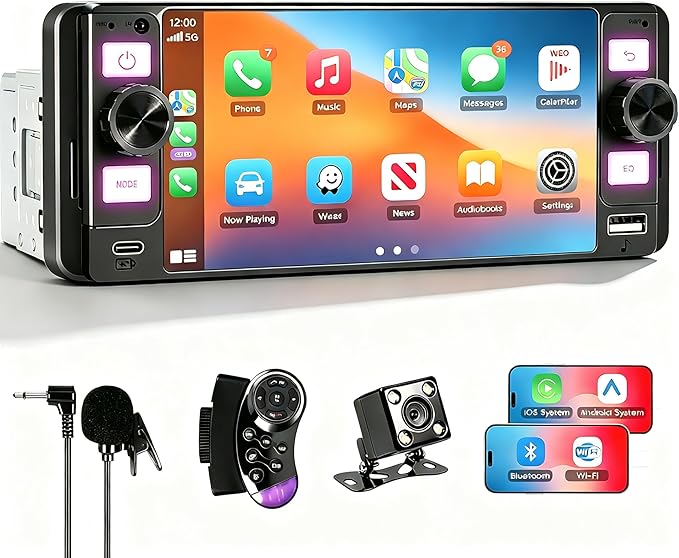 DINRGO Single Din Car Stereo - 6.5" Car Radio with Wireless Apple CarPlay Android Auto,Touchscreen Radio Bluetooth 5.2 Support Mirror Link,Backup Camera GPS USB & Type-C Fast Charging FM EQ MIC