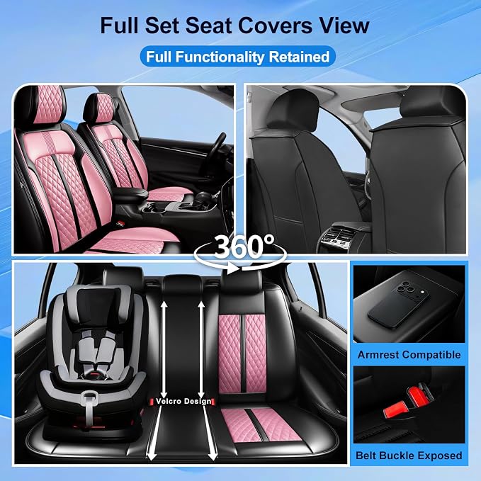 Fit XT6 Car Seat Covers for Select Cadillac XT6 2020-2025 - Premium Full Coverage Leather, Airbag Compatible & Scratch-Resistant, Waterproof & All Weather Seat Protector, Full Set, Black+Pink