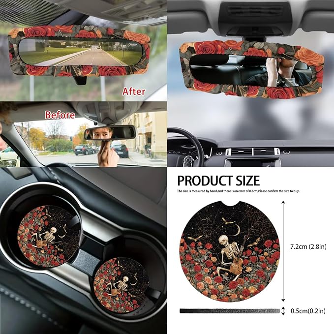 Skeleton Rose Print Full Set Car Seat Covers with Accessories Decorative Front and Rear Split Bench Seat Covers Steering Wheel Cover Armrest Cushion Universal Fit Sedan SUV Truck