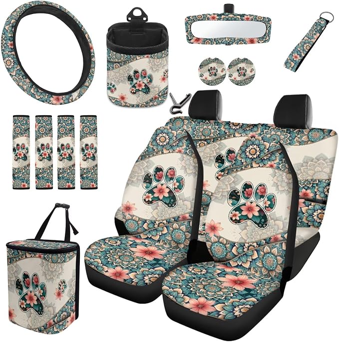 Dreaweet Dog Paw Car Seat Covers Full Set for Women Boho Car Accessories Steering Wheel Cover Seat Belt Pads Coasters Trash Bag Vent Storage Pouch Rear View Mirror Cover Keychain Universal Fit