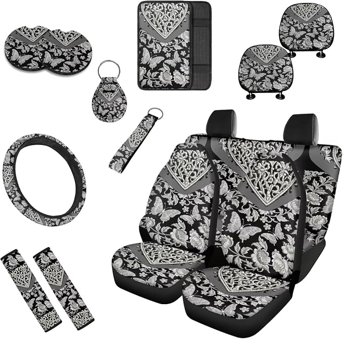Butterfly 13 Pcs Car Seat Covers Full Set,Retro Floral Butterfly Auto Front and Rear Bench Seat Protector, Flower Moth Print Steering Wheel Sleeve Auto Armrest Cover