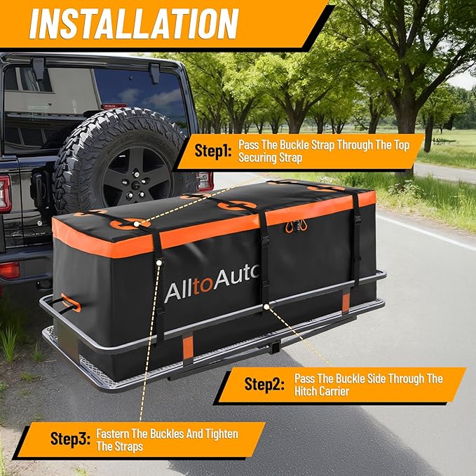 50 CuFt AlltoAuto Waterproof Cargo Bag for Hitch Carrier | 72"x36"x35" Trailer Hitch Cargo Carrier | Weatherproof Truck Bed Storage with Straps, Lock & Carry Case | PVC Vehicle Soft-Shell Carriers