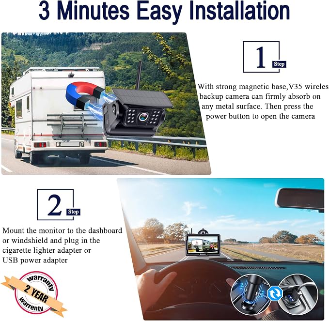 Wireless Backup Camera Solar Magnetic: Portable Cordless Scratch-Proof Truck Trailer Hitch Rear View Camera HD 1080P No Wiring No Drilling Rechargeable 5'' Monitor Kit for Car RV Camper - DoHonest R50