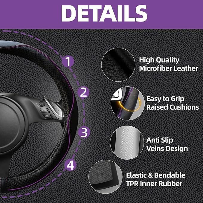 NBTEPEM 10 Pcs Car Floor Mats Full Set Car Accessories, Microfiber Leather Steering Wheel Covers 14.5-15 inch, Center Console Cover, Seat Belt Pads, Cup Coasters, Universal Interior Decor(Purple)