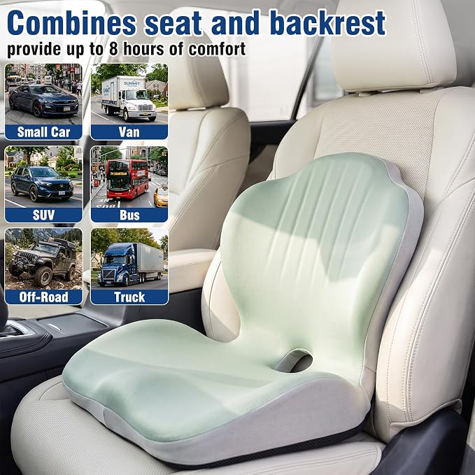 Car Seat Cushion with Lumbar Support Pillow, Memory Foam Office Chair Cushion for Back Pain Sciatica Pain Relief, Ergonomic L-Shaped Seat Cushion for Car Truck Driving Office Chair Home (Green Gray)