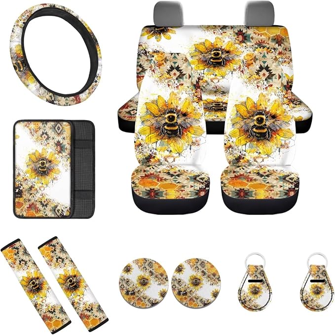 Bee Car Seat Covers 12Pcs Sunflower Bee Auto Seat Protection Accessories Full Set with 15Inch Steering Wheel Covers Seatbelt Pad Keychain Coaster Armrest Pads Vehicle Interior Set