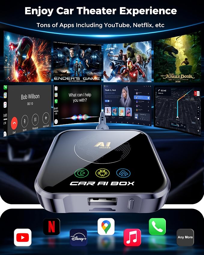 Magic AI Box Wireless CarPlay Adapter, Fast Car Video Box Plug & Play, Easy Setup, Supports Netflix/YouTube/TF Card Streaming Equalizers and More for OEM Wired CarPlay/Android Auto Cars(Tech Gray)
