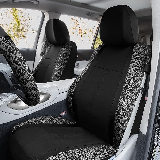 We Are Young Life is Fun™ Checker Car Seat Covers Universal Fit Interior Accessories Full Set Black Seat Cover Combo Steering Wheel Cover and Seat Belt Pads, Airbag and Split Rear Car Seat Covers
