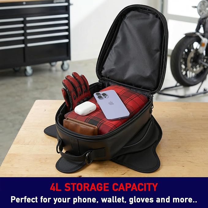 Nomad Motorcycle Tank Bag – 4L Heavy Duty Black Gas Tank Bag with Touchscreen Phone Window, Magnetic Universal Fuel Tank Pouch for Cruiser, Sportbike, Touring & Street Bikes