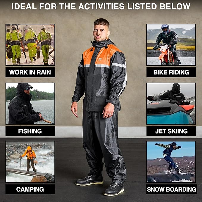 Waterproof Motorcycle Rain Suit, 2-Piece Reflective Gear, Lightweight Riding Jacket & Pants, Protective Raincoat with Hoodie