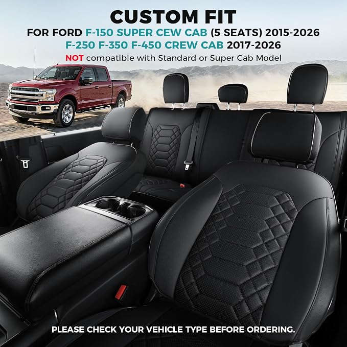 Seat Covers for Ford F150 2015-2026 SuperCrew & Ford F250 F350 F450 Super Duty 2017-2026 Crew Cab, Faux Leather Waterproof Pickup Truck Seat Covers (5 Seats) Interior Accessories