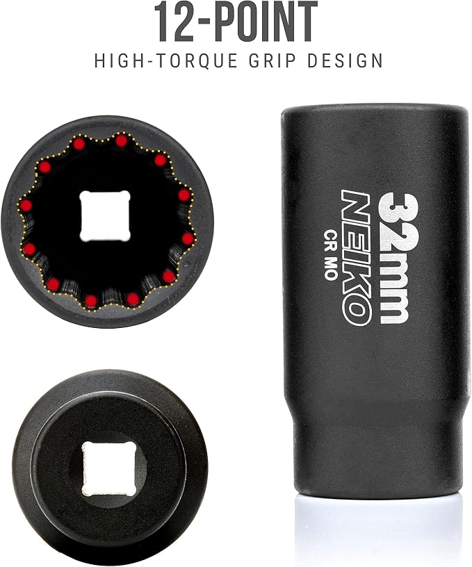 NEIKO 02523A 32mm Socket | 1/2” Drive Deep Impact Socket | Spindle & Axle Nut Socket | 12 Point |Chrome Molybdenum Cr-Mo |Deep Well Hub | Triple Square | Axle Shaft Nut Remover