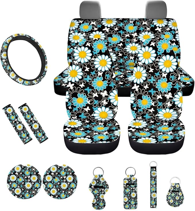Vibrant Daisy Floral Print 13 Pieces Car Accessories Universal Fit Car Seat Covers Full Set,Seatbelt Pads,Coasters,Keychain,Lipstick Sleeve for Women's Vehicle Protector