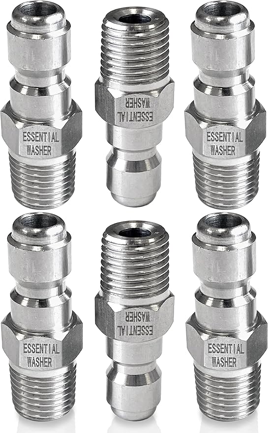 Essential Washer Stainless Steel ¼” Plug Male NPT | Pressure Washer Quick Connect Fittings | 5000 PSI | Set Of 6