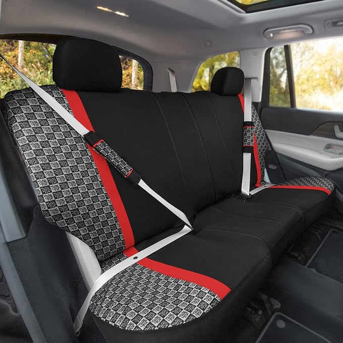 We Are Young Life is Fun™ Checker Car Seat Covers Universal Fit Interior Accessories Full Set Red Seat Cover Combo Steering Wheel Cover and Seat Belt Pads, Airbag and Split Rear Car Seat Covers