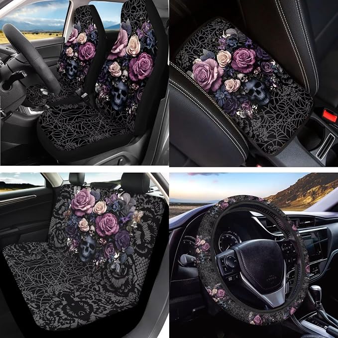 Skull Rose Printed Car Seat Covers Full Set Universal Car Interior Accessories Set Included Steering Wheel Cover Seat Belt Pad Armrest Protector Coaster for Auto, Black