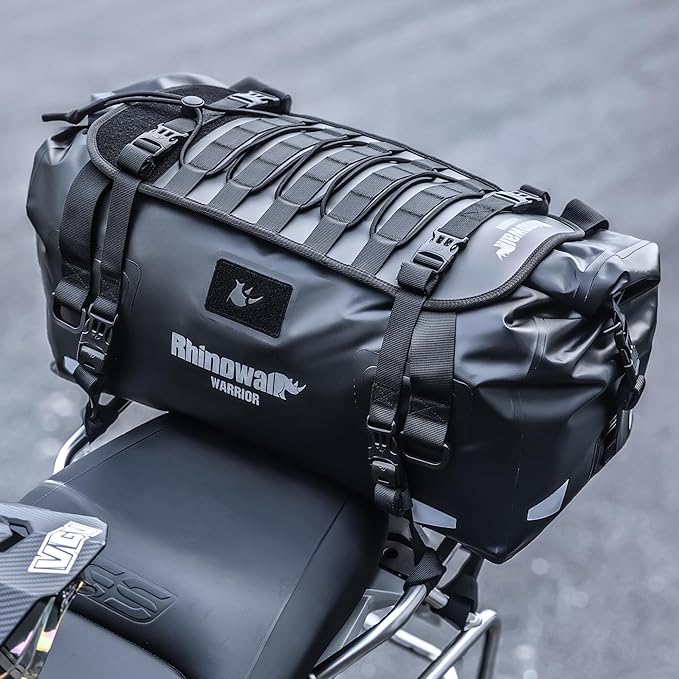 Rhinowalk Motorcycle Saddle Bag 40L – Waterproof Rear Seat Tail Bag with Expansion Panel, MOLLE System & Backpack Carry