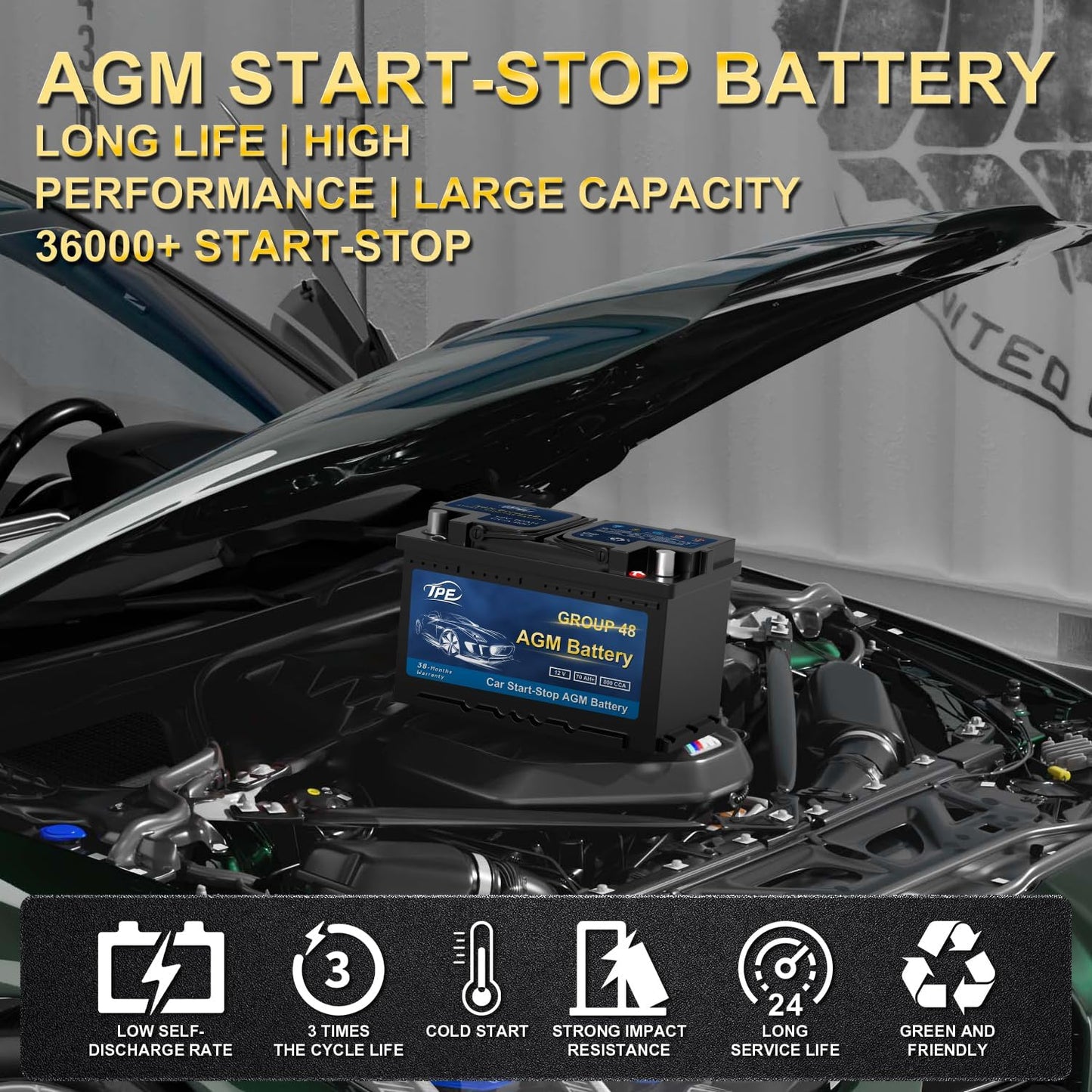 TPE AGM Battery BCI Group 48, Maintenance Free 12V 70Ah, H6 Size, 120RC, 800CCA, Automotive Battery, Reliable Performance for Cars Lead-Acid