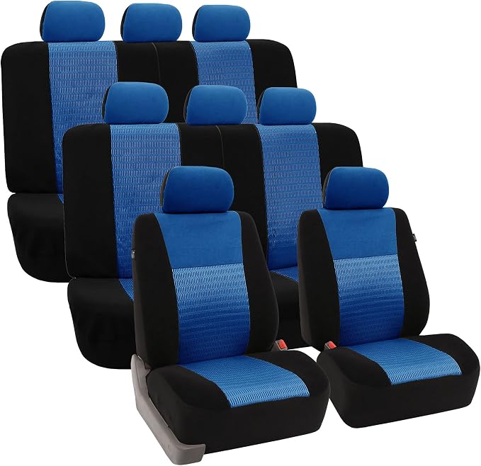 FH Group Car Seat Covers Trendy Elegance Three Row Car Seat Covers Set, Airbag Compatible and Split Ready, 8 Seater Covers-Universal Fit for Cars, Trucks & SUVs Blue/Black