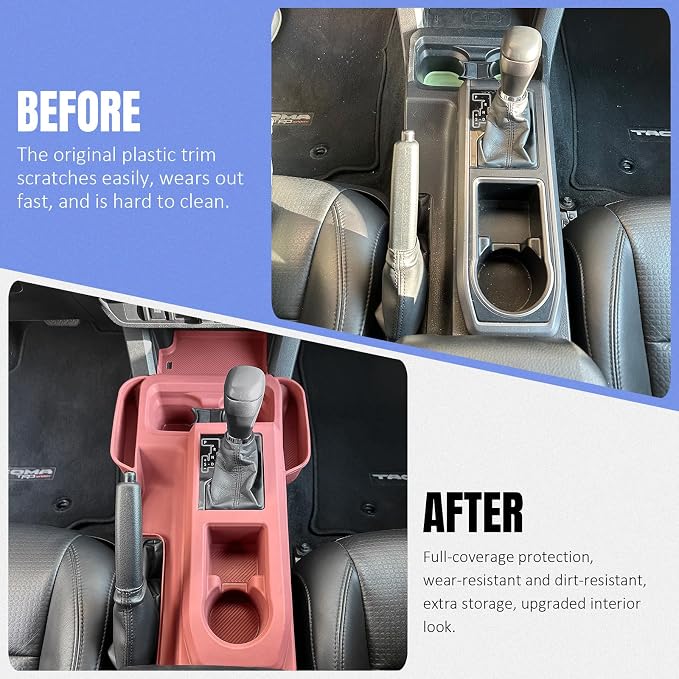 Silicone Center Console Gear Shift Panel Trim Cover for Toyota Tacoma 2019-2023, with Non-Slip Insert Cup Holder Mat & Side Organizer Tray, Car Interior Storage Box Accessories