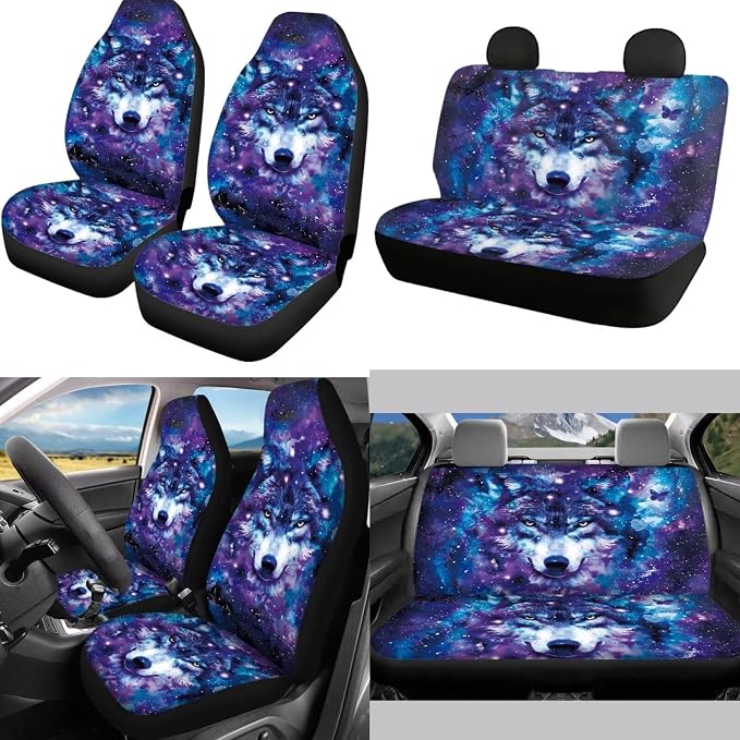 Mumeson Galaxy Wolf Car Seat Covers Set with Seat Belt Shoulder Pads/Steering Wheel Cover/Car Armrest Protcet Cushion Pad 8 Pack Car Accessories Interior Decor for Mens