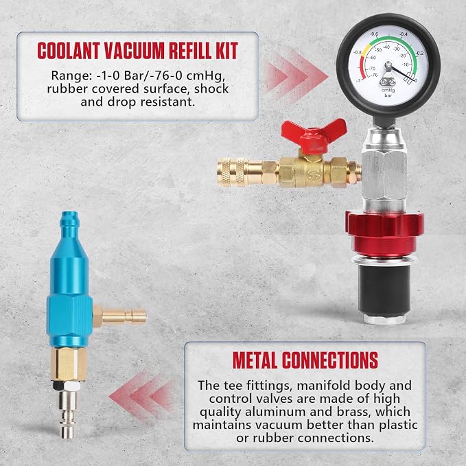 Coolant Vacuum Refill Kit Quick Vacuum Coolant Fill Kit with 5 Universal Adapters, Pressure Gauge, 41 in Fill Hose & 2 Quick Connectors for Most Vehicles
