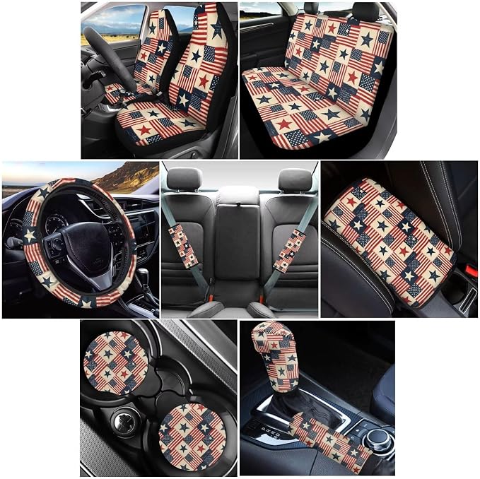 Wanyint Car Seat Cover Full Set 12 PCS, with Steering Wheel Seat Belt Cover Armrest Pad Coasters Handbrake Gear Shift Knob Set 4th of July Auto Accessories Decor, Vintage US Flag Patchwork