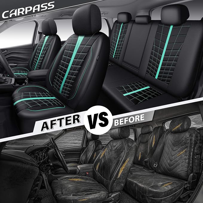 CAR PASS 3D Foam Mesh Leather Car Seat Covers Full Set, Breathable Premium Leather Seat Covers for Car,Anti Slip Universal Fit for Trucks Cars Sedans Vans SUVs, Airbag Compatible, Black Mint