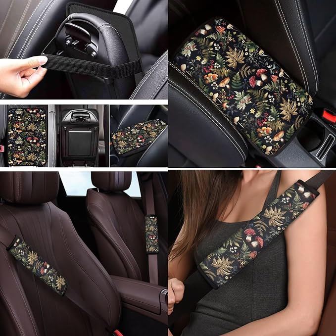 Mumeson Leaves Mushroom Car Seat Covers Full Set with Steering Wheel Cover + Seat Belt Strap Pads Shoulder Pad + Armrest Cushion for Car 8 Pack Set Car Accessories Decor