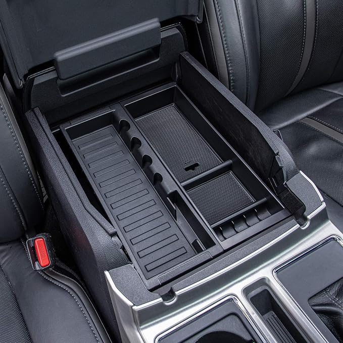 PIMCAR Compatible with Ford 2015-2020 F150, 2017-2022 F250 F350 F450, 2018-2024 Expedition Center Console Organizer & Armrest PU Leather Cover-Bucket Seat Only