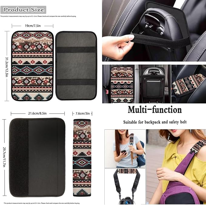 Dreaweet Southwestern Tribal Car Seat Covers Full Set Navajo Geometric Decor Front and Back Seat Covers with Steering Wheel Cover,Armrest Pads,Seat Belt Pads,Coasters,Gear Shift & Handbrake Cover