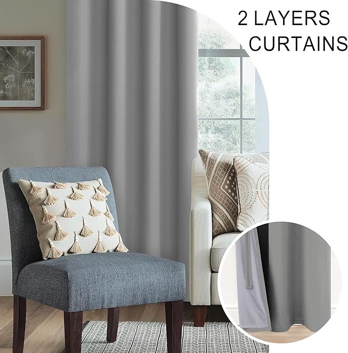 XWZO Full Shading Blackout Curtains 45 Inches Length with Tiebacks- Heat and Light Blocking Ring Top Window Drapes with Black Liner Backing for Bedroom/Kid's Room, Light Grey, W42 x L45, Set of 2