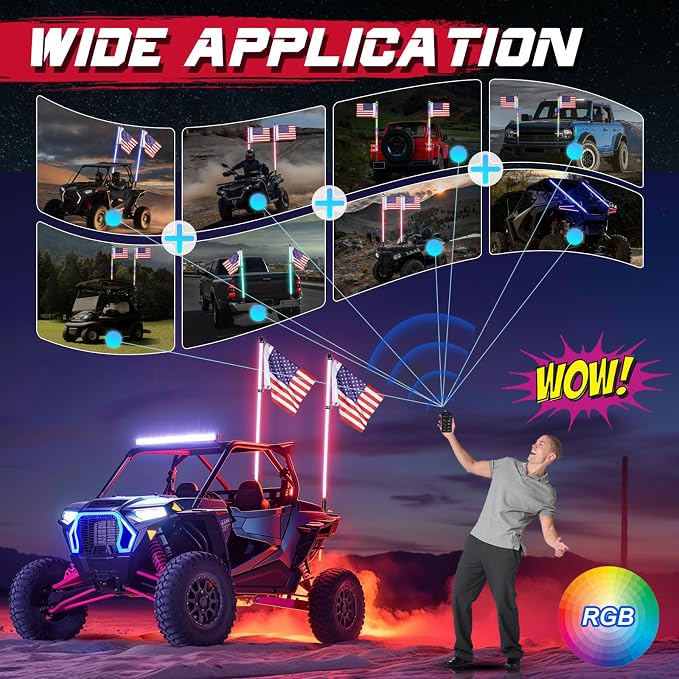 OFFROADTOWN 2PCS 4FT COB LED Whip Lights Bluetooth APP Remote Control RGB Lighted Whips Turn Signal Light Chasing Warning Light Antenna Spiral LED Whips for UTV SXS Polaris RZR Can-Am ATV Truck