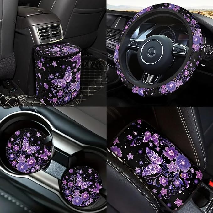 Purple Butterfly Car Seat Covers Full Sets of 18 Pcs Butterfly Flower Car Accessories Set Soft Car Seat Belt Pads Cover Car Headrest Covers Steering Wheel Wrap Coasters,Universal Fit