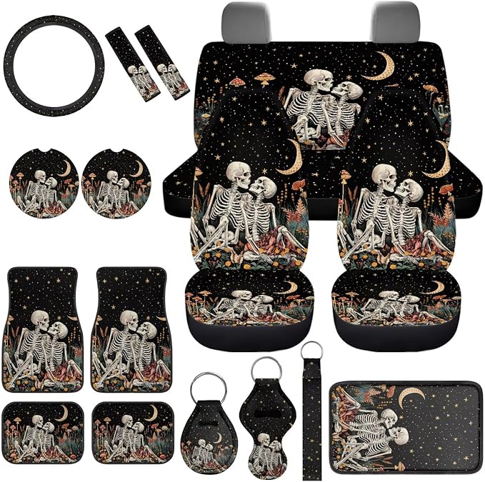 Skull Skeleton Car Accessories Set 17 Pack,Skeleton Skull Car Seat Covers Full Sets with Front and Split Rear BenchVehicle Front Rear Carpets Mats,Seat Belt Shoulder Pad Universal Fit Car