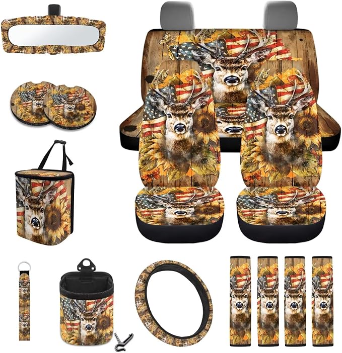Deer Wood American Flag Print 15PCS Auto Interior Sets Sunflower Butterfly Car Front Rear Seat Covers Steering Wheel Cover Seat Belt Cover Keychain Trash Can Air Vent Storage Bag Mirror Cover