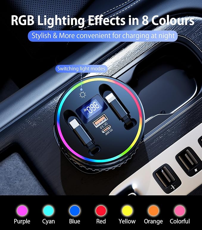 Retractable Car Charger USB Hub with RGB Light, 4 Port Car Charging Station Cigarette Lighter Adapter, Travel Essentials Car Accessories Gadgets for Men Gifts for iPhone 17 16 15 14 13 Pro Max